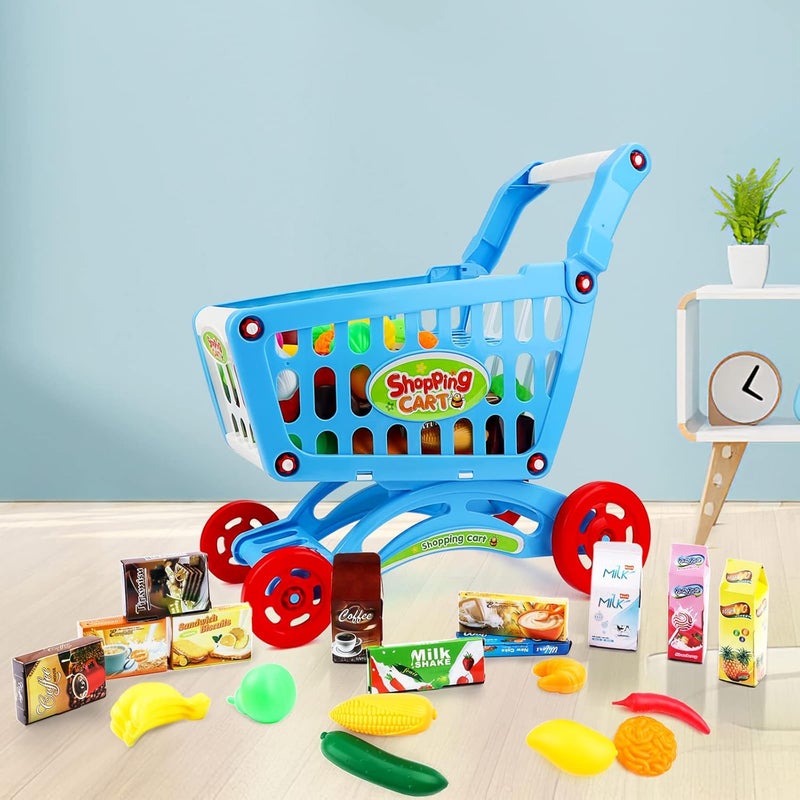 deAO Kids Shopping Cart Trolley for Groceries Toddlers 65 Food Fruit Vegetables Pretend Play Food Role Play Educational Toy Play Kitchen Toys Store Playset (Blue) - Image 2